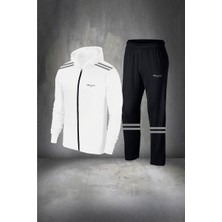 Poseidon Storm Erkek Beyaz Supra Penye Cepli Rahat Kapüşonlu Eşofman Takım Seti S 3xl