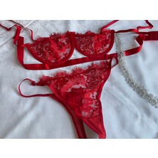 Süsen Lingerie Saçaklı Transparan Kırmızı Sütyen Takım