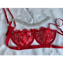 Süsen Lingerie Saçaklı Transparan Kırmızı Sütyen Takım