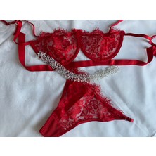 Süsen Lingerie Saçaklı Transparan Kırmızı Sütyen Takım