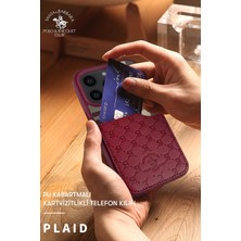 Santa Barbara Polo & Racquet Club Apple iPhone 14 Pro Plaıd Serisi Kumaş Işlemeli Deri Kartlıklı Kılıf-Derin Mor