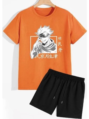 KİDS FACE Özel Tasarım Anime Savaşçı Baskılı  Pamuk Erkek Çocuk T-Shırt Şort Takımı