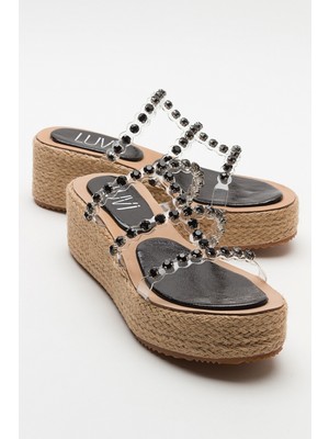 Luvi Marje Siyah Taşlı Kadın Dolgu Taban Terlik