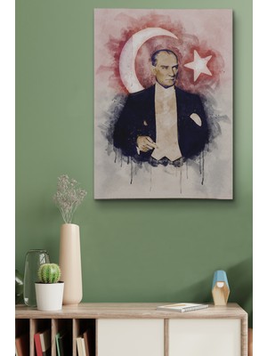 Sennight Mustafa Kemal Atatürk ve Türk Bayrağı Suluboya Görünümlü Dekoratif Kanvas Tablo
