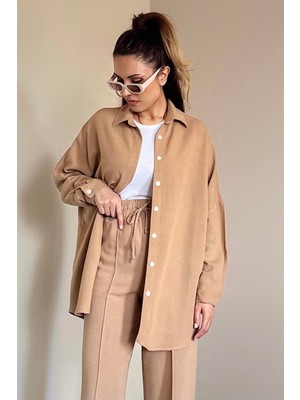 Ritnice Kadın Keten Dokulu Carla Camel Oversize Gömlek