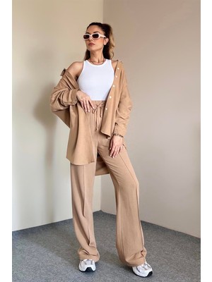 Ritnice Kadın Keten Dokulu Carla Camel Oversize Gömlek