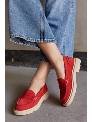 Nilufarr Rena Kırmızı Süet Hakiki Deri Kadın Loafer