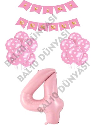 Bal10 Dünyası Iyiki Doğdun Yazılı Pembe Renk Puanlı Balon Ve Rakam Seti Yaş 4