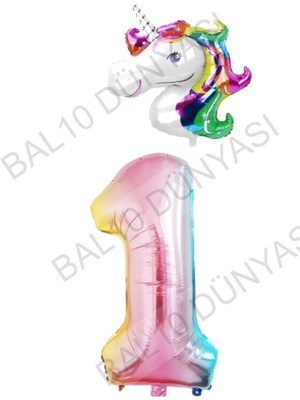 Bal10 Dünyası Unicorn Folyo Balon ve Gökkuşağı Rakam Folyo Balon Seti 1
