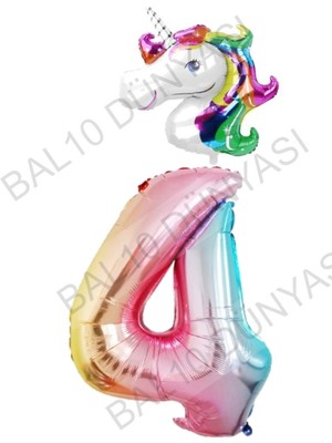 Bal10 Dünyası Unicorn Folyo Balon ve Gökkuşağı Rakam Folyo Balon Seti 4