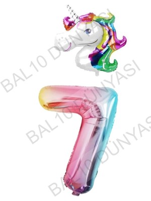 Bal10 Dünyası Unicorn Folyo Balon ve Gökkuşağı Rakam Folyo Balon Seti 7