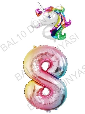 Bal10 Dünyası Unicorn Folyo Balon ve Gökkuşağı Rakam Folyo Balon Seti 8