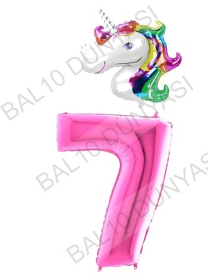 Bal10 Dünyası Unicorn Folyo Balon ve Fuşya Rakam Folyo Balon Seti 7