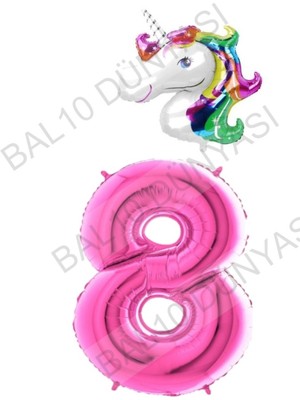 Bal10 Dünyası Unicorn Folyo Balon ve Fuşya Rakam Folyo Balon Seti 8