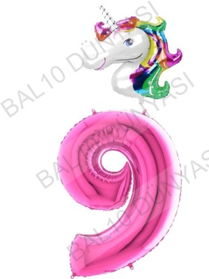 Bal10 Dünyası Unicorn Folyo Balon ve Fuşya Rakam Folyo Balon Seti 9