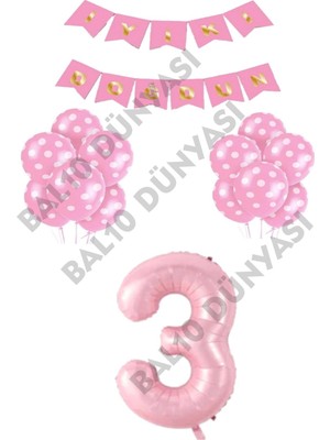 Bal10 Dünyası Iyiki Doğdun Yazılı Pembe Renk Puanlı Balon ve Rakam Seti Yaş 3