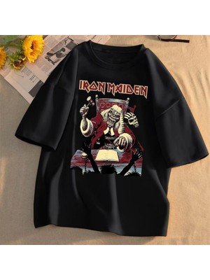 Touz Moda Rock Serisi Iron Maiden Logo Baskılı Siyah Oversize T-Shirt
