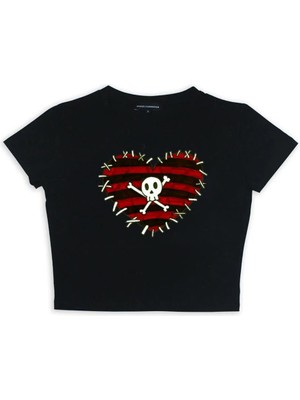 Touz Moda Skull And Heart Baskılı Siyah Crop