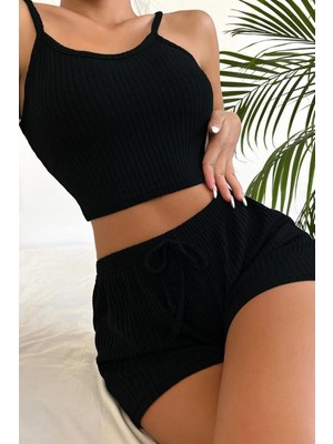 Bella Notte Viskon Siyah Askili Crop Sortlu Takim 7011