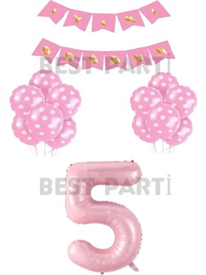 Best Parti Iyiki Doğdun Yazılı Pembe Renk Puanlı Balon ve Rakam Seti Yaş 5