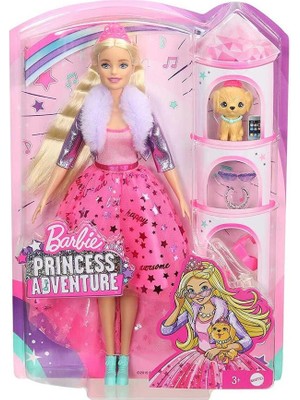 Barbie Prenses Macerası Bebek Seti – Pembe Yıldızlı Elbise, Sevimli Köpek, Aksesuarlar ve Hediyelik Kutusu