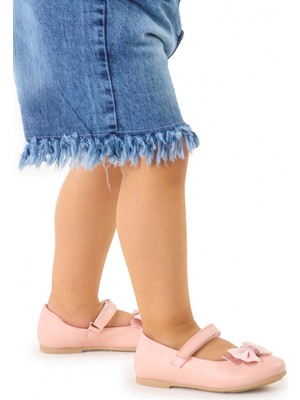 Kiko Kids Kız Çocuk Fiyonklu Taşlı Cırtlı Babet Ayakkabı Mikrofiber Tabanlı Ege 204 Cilt