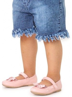 Kiko Kids Taşlı Cırtlı Kız Çocuk Fiyonklu Babet Ayakkabı Ege 204 Rugan Pudra