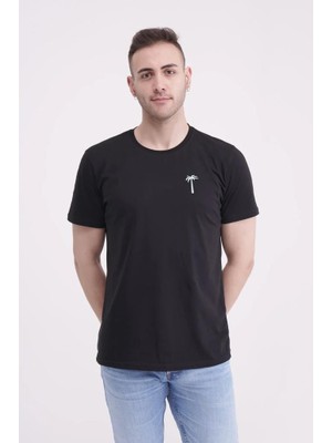 The Socks Company 23SCTS228U Palmiye Nakışlı Bisiklet Yaka Siyah Tshirt