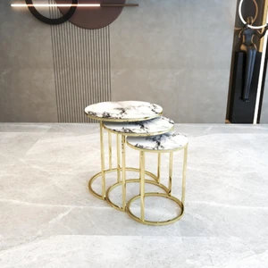 Lioon Art Gold Metal Ayaklı Temperli Cam Beyaz-Sarı 3'lü Zigon Sehpa