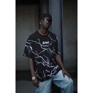 Oversize Pamuklu Bisiklet Yaka Şimşek Baskı Detaylı Erkek Yazlık T-Shirt