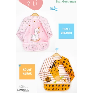 2'li Kuğu ve Zürafa Desenli Uzun Kollu Bebek Mama Önlüğü