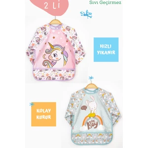 2'li Unicorn ve Tavşan Desenli Uzun Kollu Bebek Mama Önlüğü
