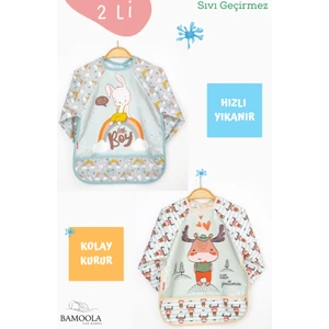 2'li Tavşan ve Geyik Desenli Uzun Kollu Bebek Mama Önlüğü