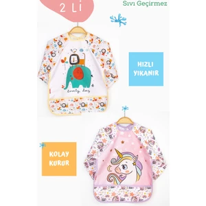2'li Fil ve Unicorn Desenli Uzun Kollu Bebek Mama Önlüğü