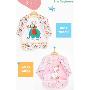 2'li Fil ve Kuğu Desenli Uzun Kollu Bebek Mama Önlüğü