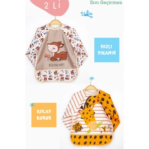 2'li Karaca ve Zürafa Desenli Uzun Kollu Bebek Mama Önlüğü