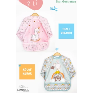 2'li Kuğu ve Tavşan Desenli Uzun Kollu Bebek Mama Önlüğü
