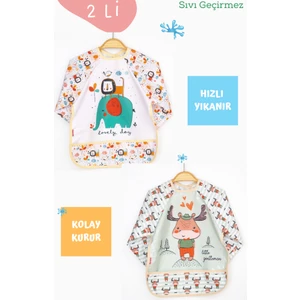 2'li Fil ve Geyik Desenli Uzun Kollu Bebek Mama Önlüğü