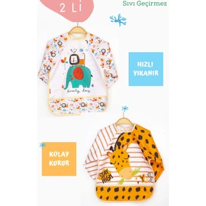 2'li Fil ve Zürafa Desenli Uzun Kollu Bebek Mama Önlüğü