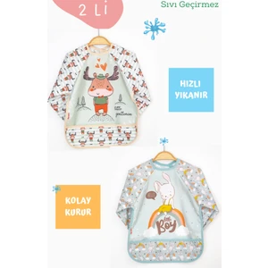 2'li Geyik ve Tavşan Desenli Uzun Kollu Bebek Mama Önlüğü