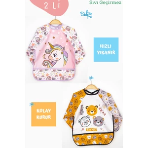 2'li Unicorn ve Ayı Desenli Uzun Kollu Bebek Mama Önlüğü