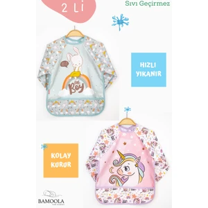2'li Tavşan ve Unicorn Desenli Uzun Kollu Bebek Mama Önlüğü