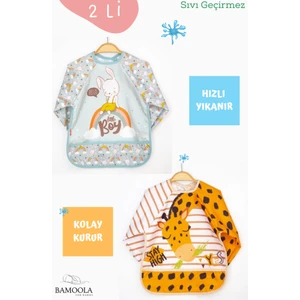 2'li Tavşan ve Zürafa Desenli Uzun Kollu Bebek Mama Önlüğü