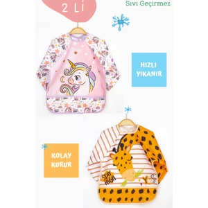 2'li Unicorn ve Zürafa Desenli Uzun Kollu Bebek Mama Önlüğü