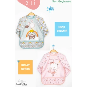 2'li Tavşan ve Ayıcık Desenli Uzun Kollu Bebek Mama Önlüğü