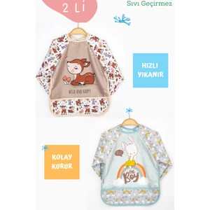 2'li Karaca ve Tavşan Desenli Uzun Kollu Bebek Mama Önlüğü
