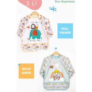 2'li Fil ve Tavşan Desenli Uzun Kollu Bebek Mama Önlüğü