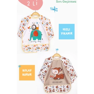 2'li Fil ve Karaca Desenli Uzun Kollu Bebek Mama Önlüğü