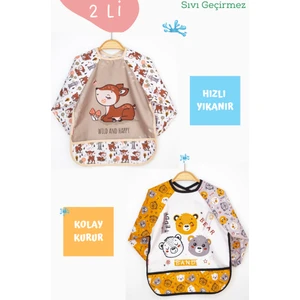 2'li Karaca ve Ayı Desenli Uzun Kollu Bebek Mama Önlüğü