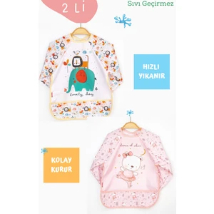 2'li Fil ve Ayıcık Desenli Uzun Kollu Bebek Mama Önlüğü